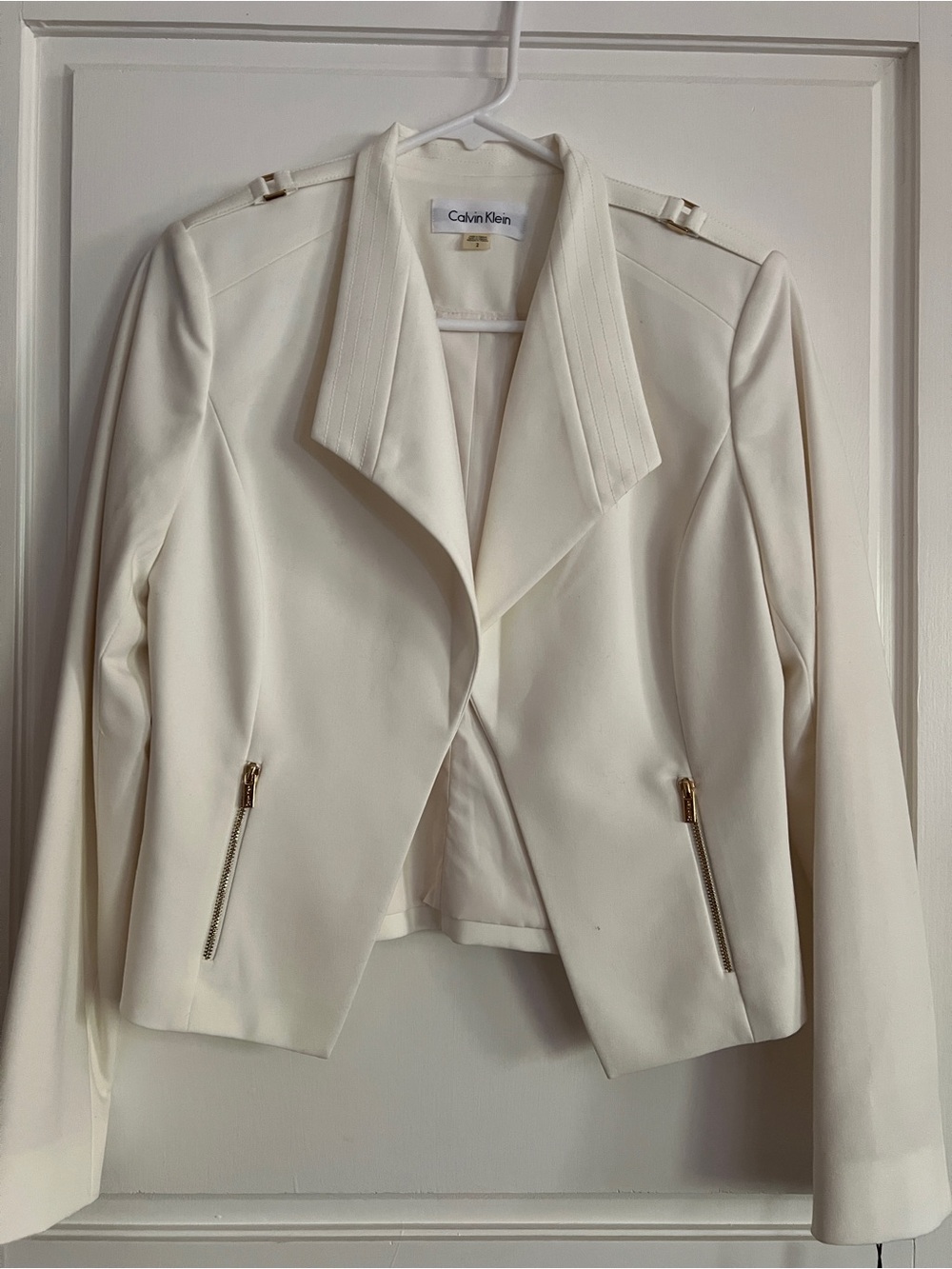 Calvin Klein Cream Tailored Moto Blazer with Gold Zippers
